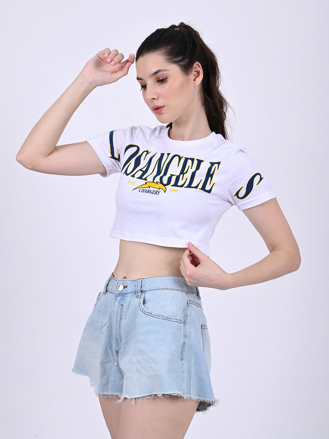 Women White Short Sleeve Crop