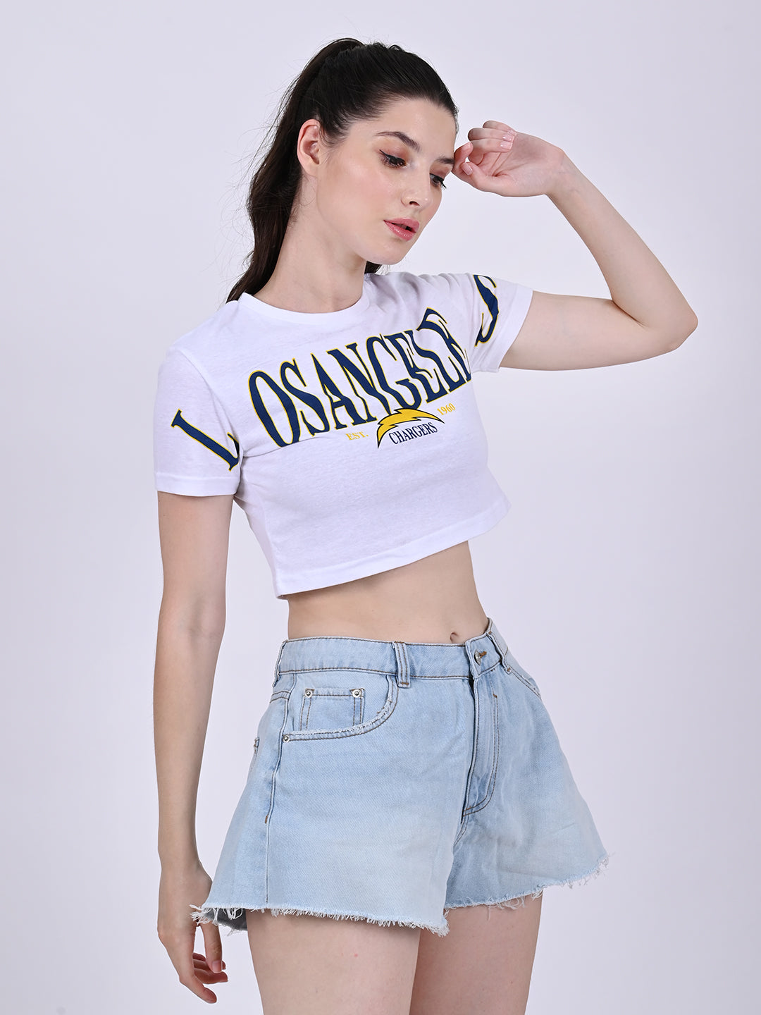 Women White Short Sleeve Crop