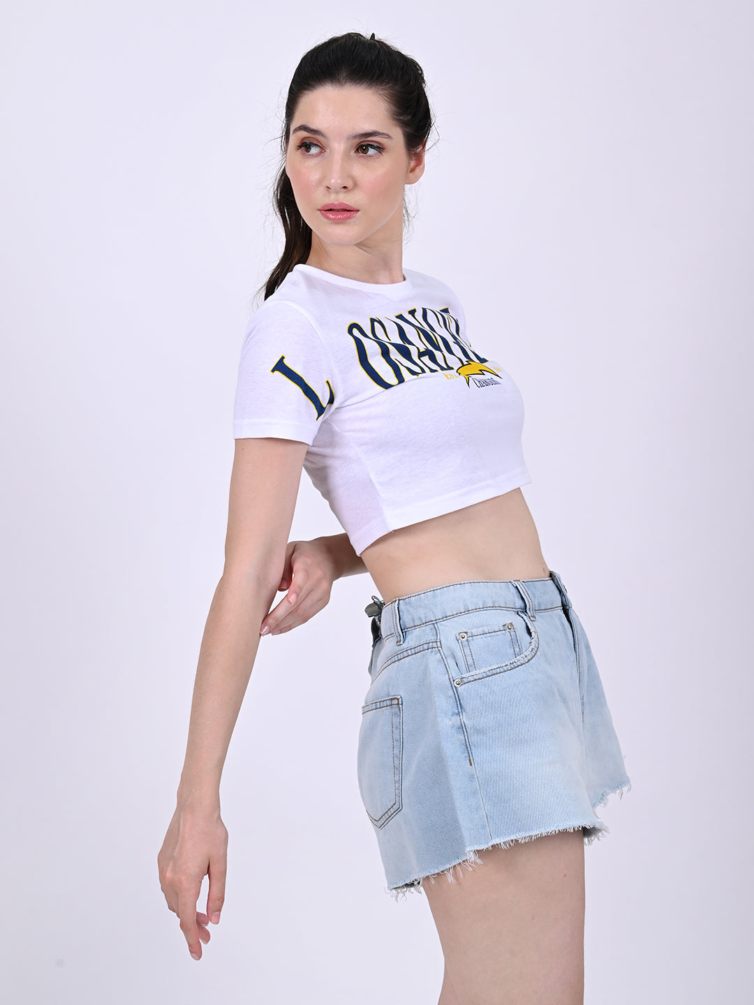 Women White Short Sleeve Crop