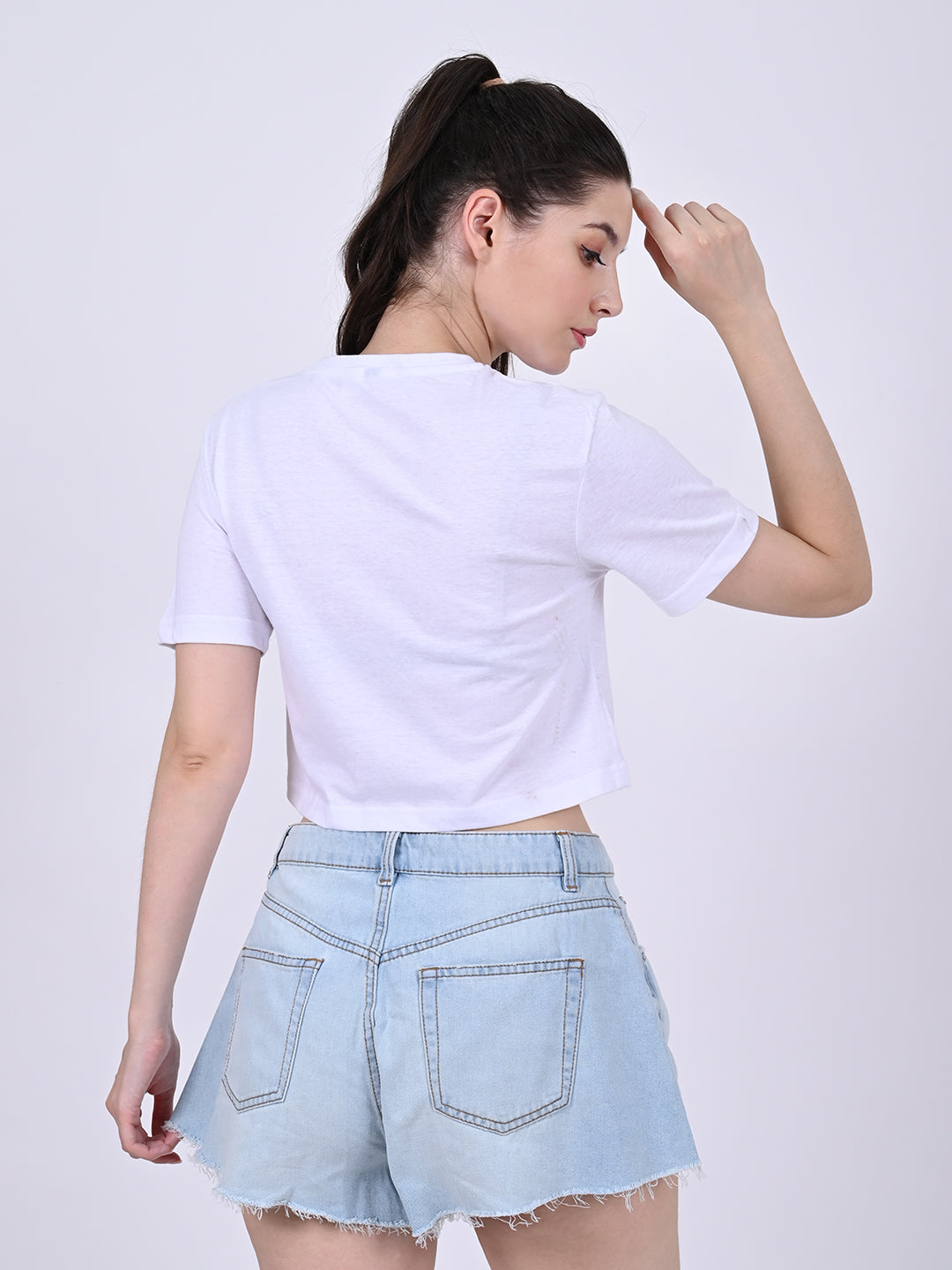 Women White Short Sleeve Crop