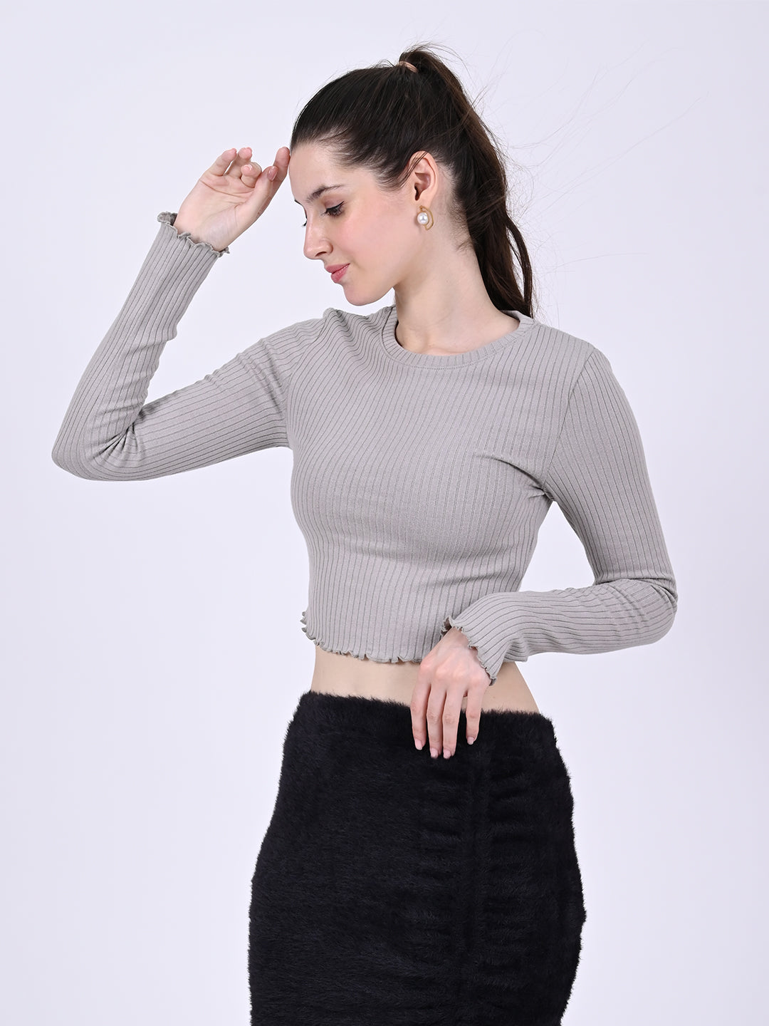 Women Grey Ribbed Crop Top