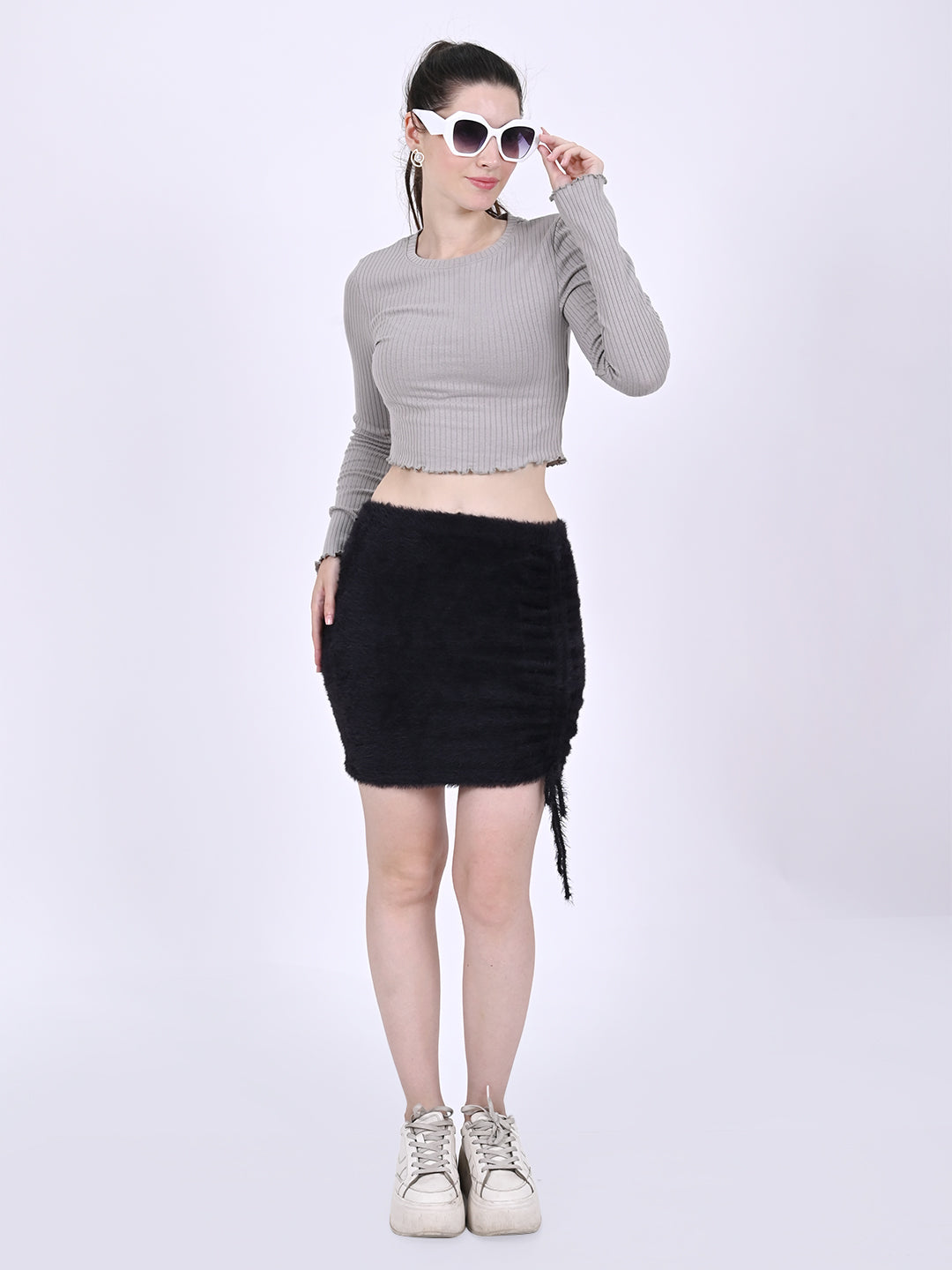 Women Grey Ribbed Crop Top