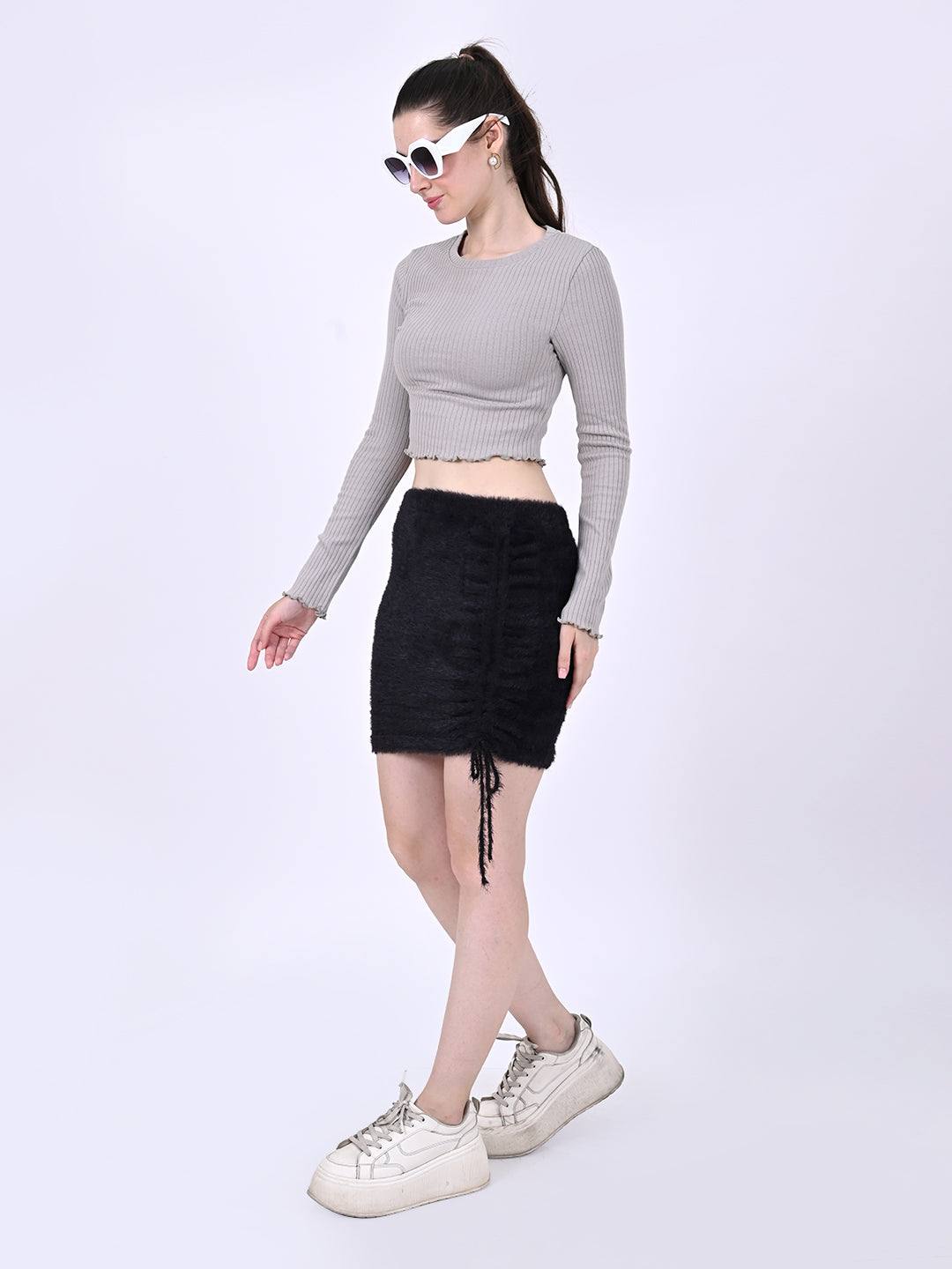 Women Grey Ribbed Crop Top