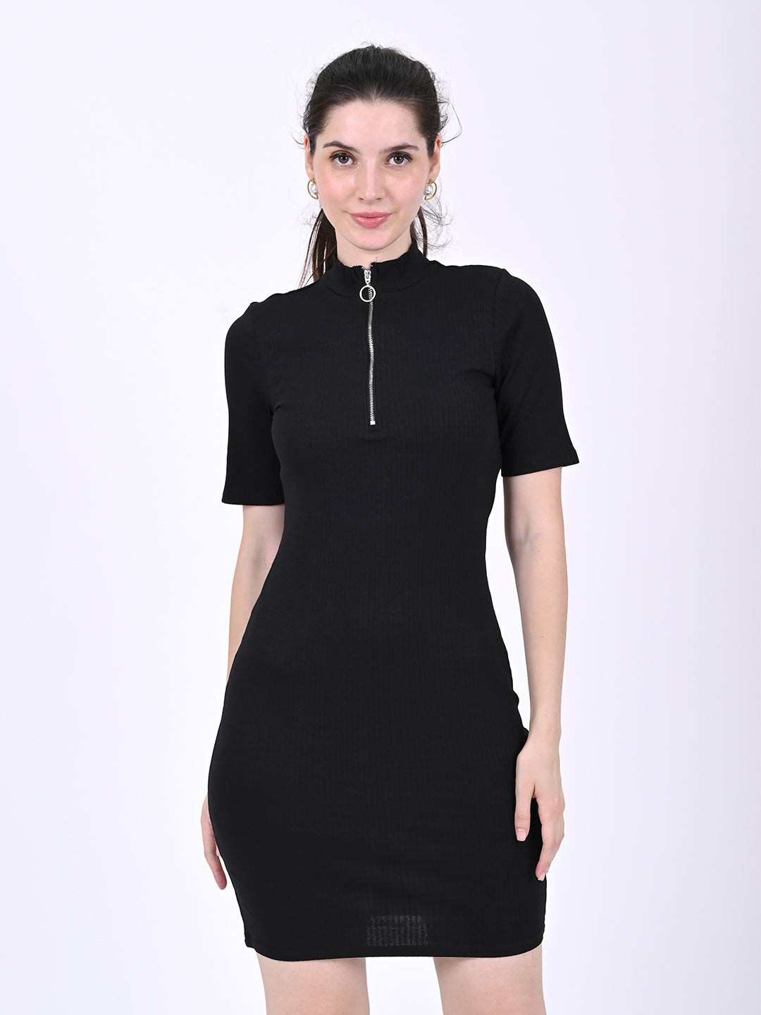 Women Black High Neck Ribbed Dress