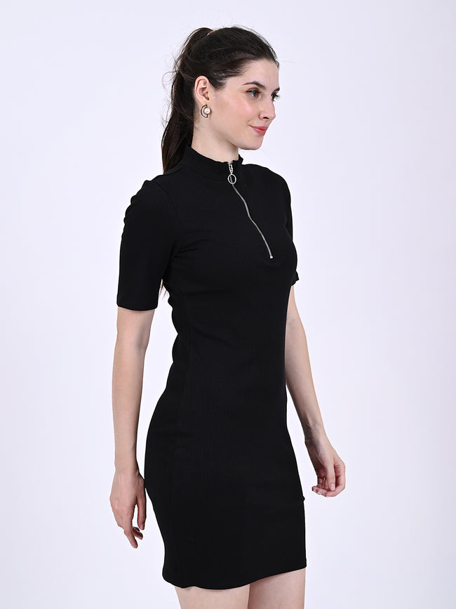 Women Black High Neck Ribbed Dress  FYVA