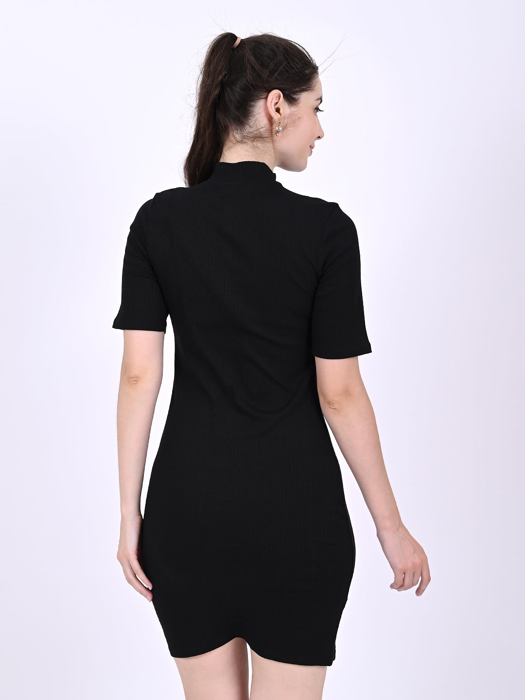 Women Black High Neck Ribbed Dress