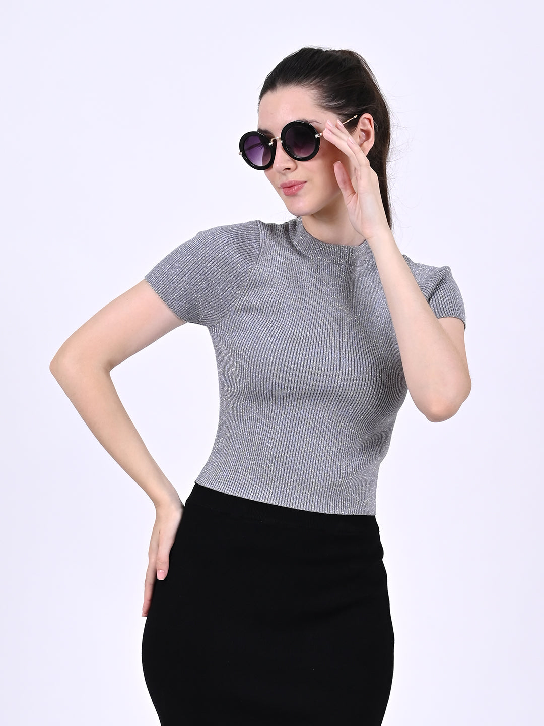 Women Silver Ribbed Crop Top