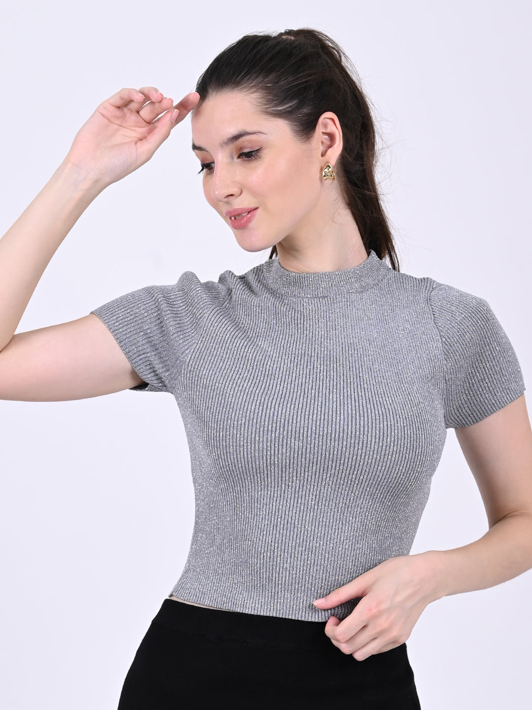 Women Silver Ribbed Crop Top