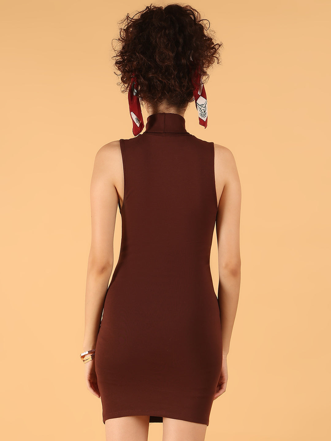 Women Brown Sleeveless Bodycon High Neck Dress