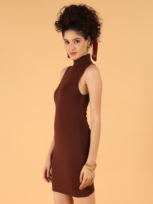 Women Brown Sleeveless Bodycon High Neck Dress