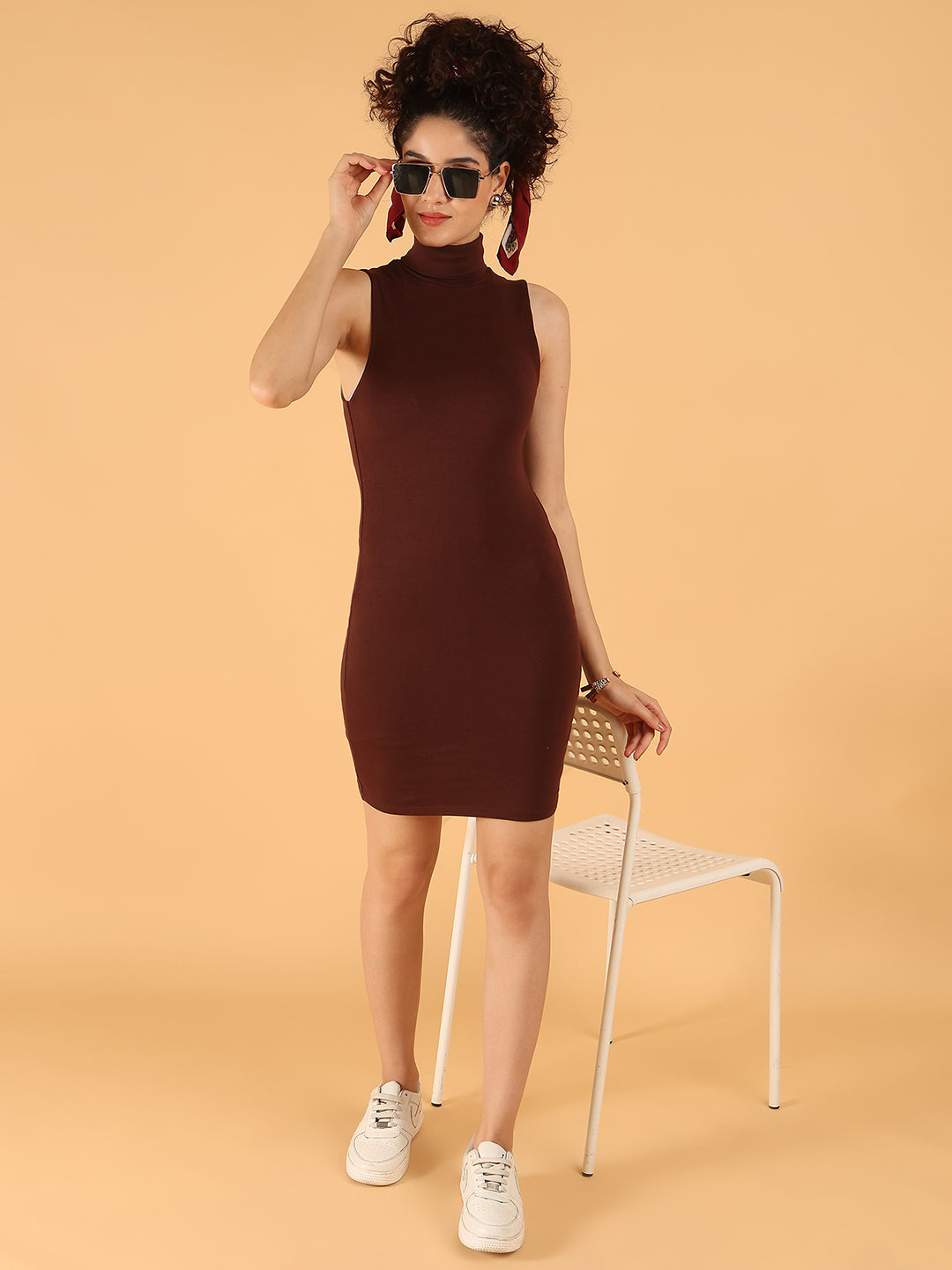 Women Brown Sleeveless Bodycon High Neck Dress