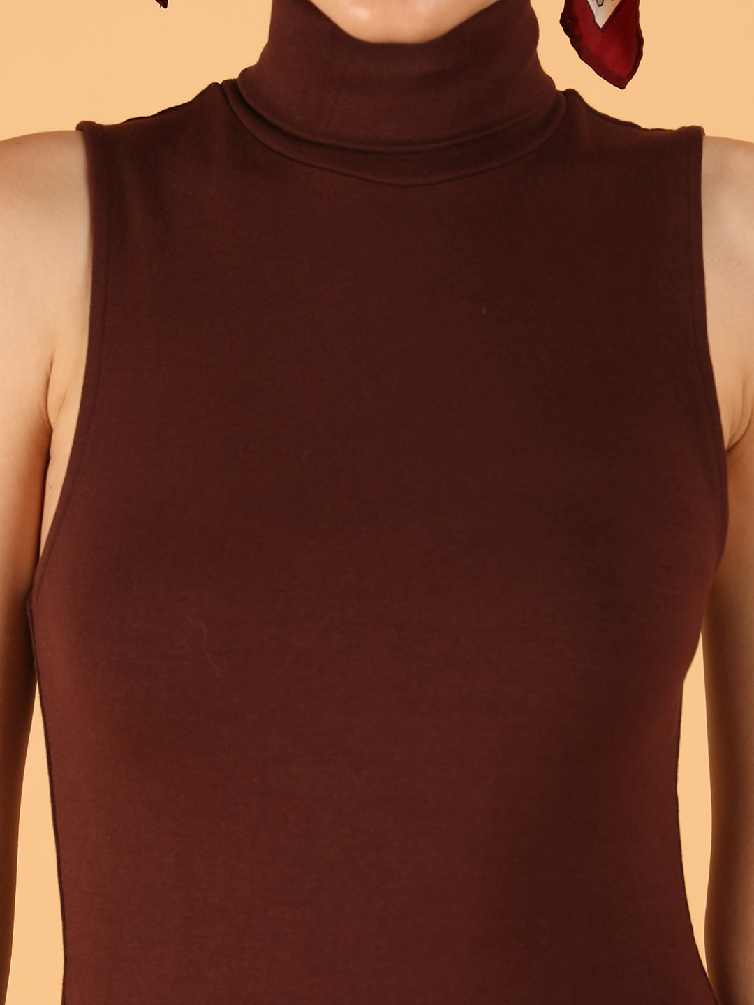 Women Brown Sleeveless Bodycon High Neck Dress
