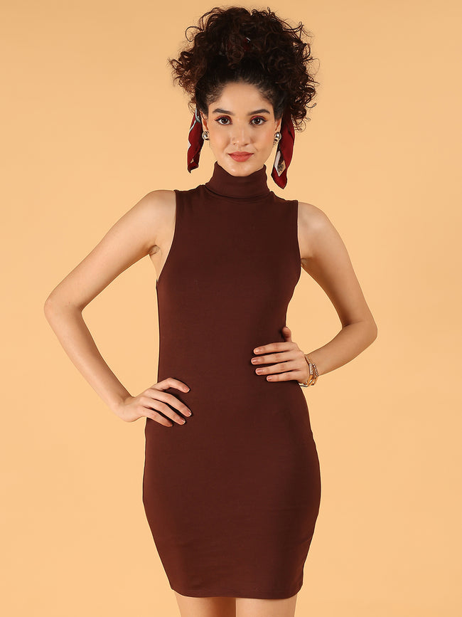 Women Brown Sleeveless Bodycon High Neck Dress