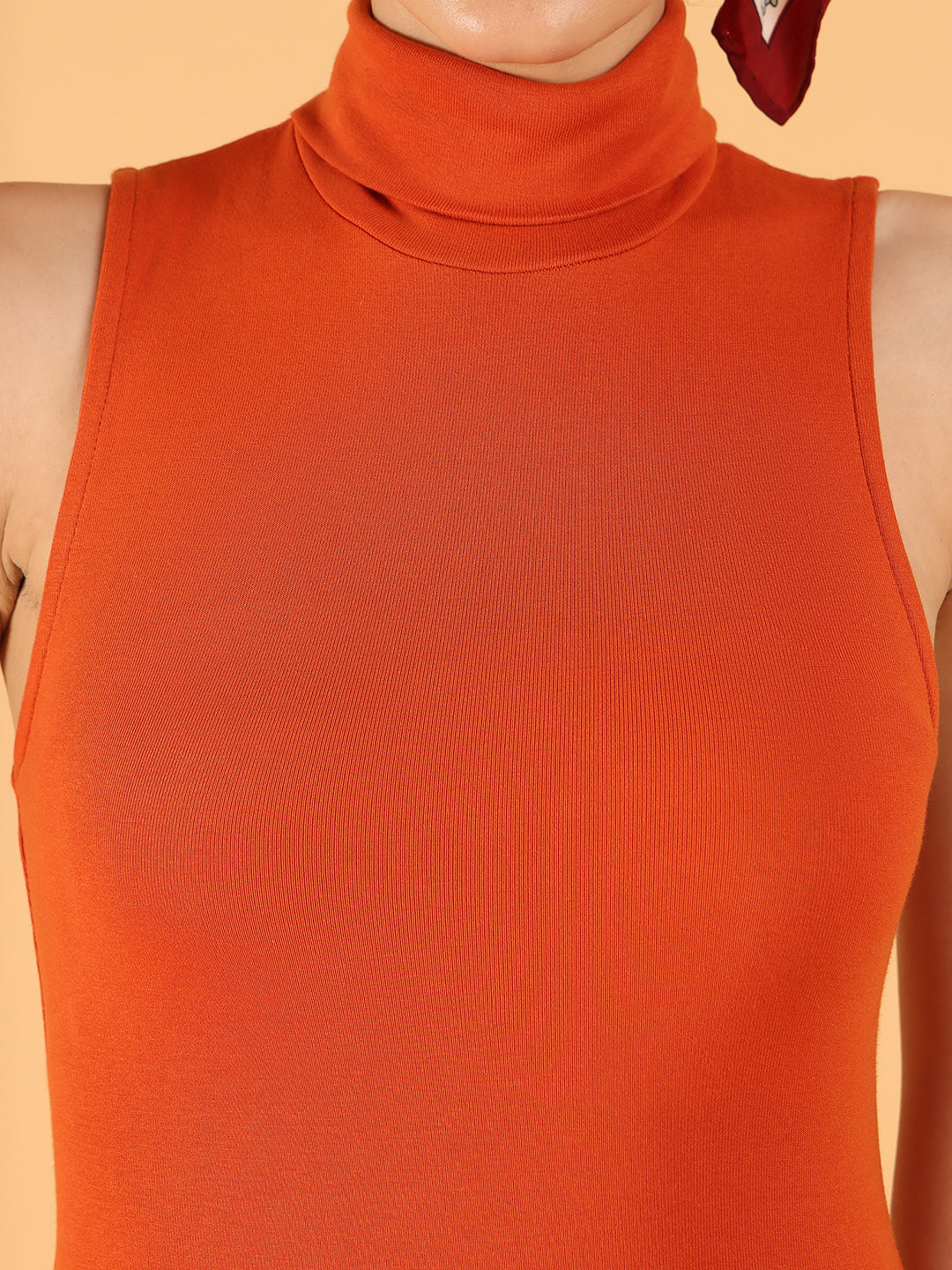 Women Orange Sleeveless Bodycon High Neck Dress