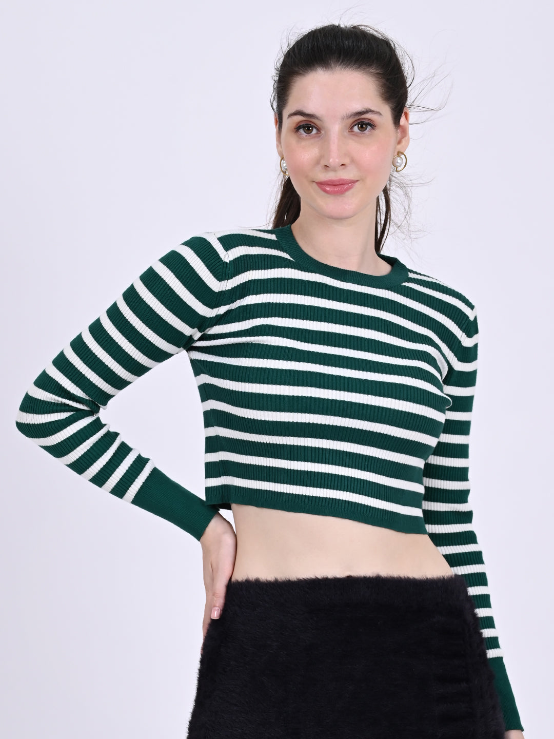 Women Green Striped Crop Top