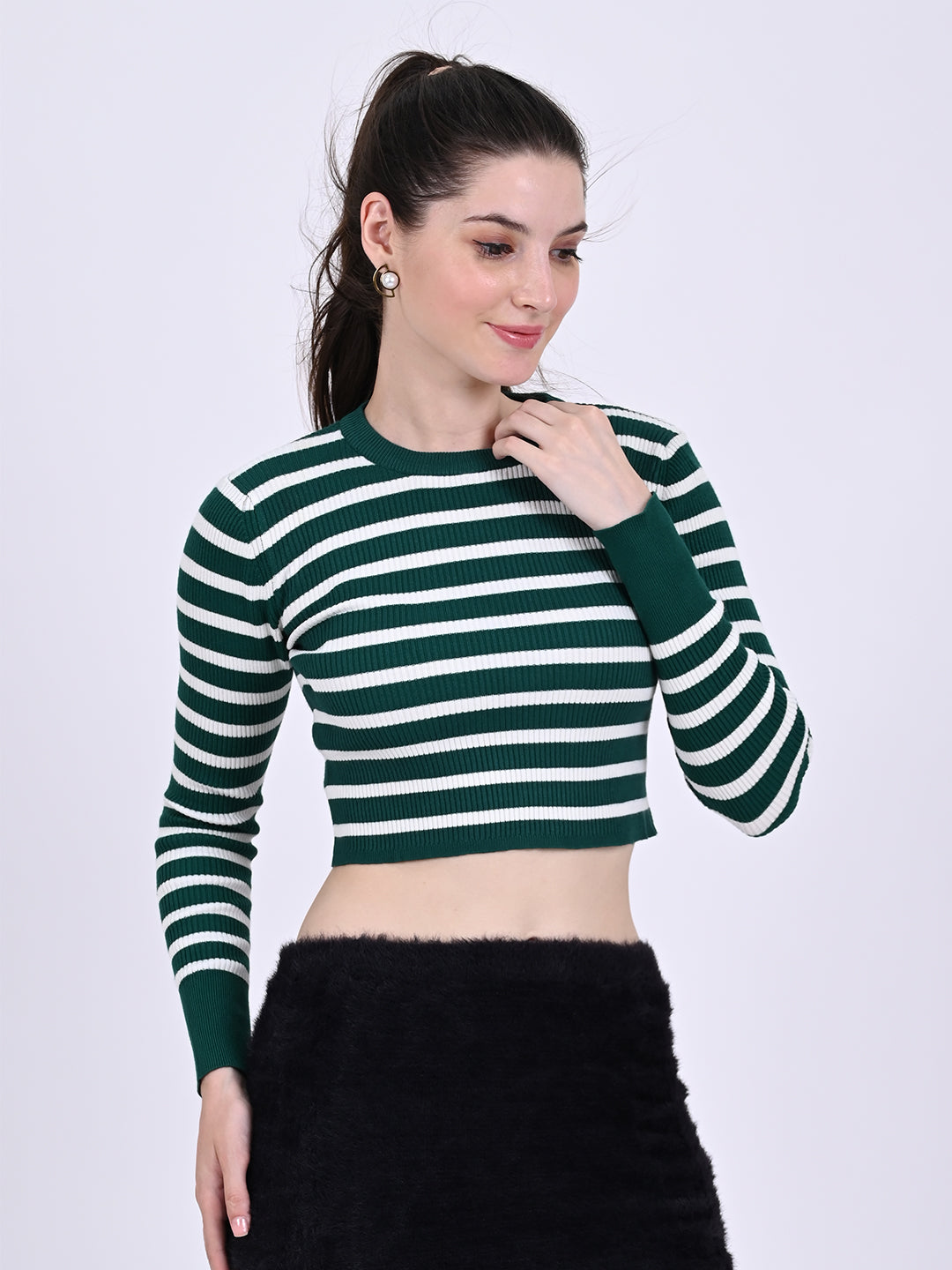 Women Green Striped Crop Top