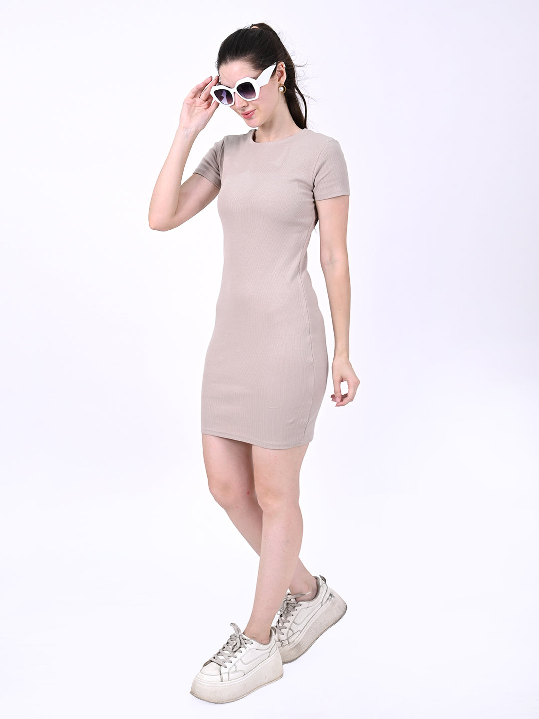 Women Beige Round Neck Bodycon Dress