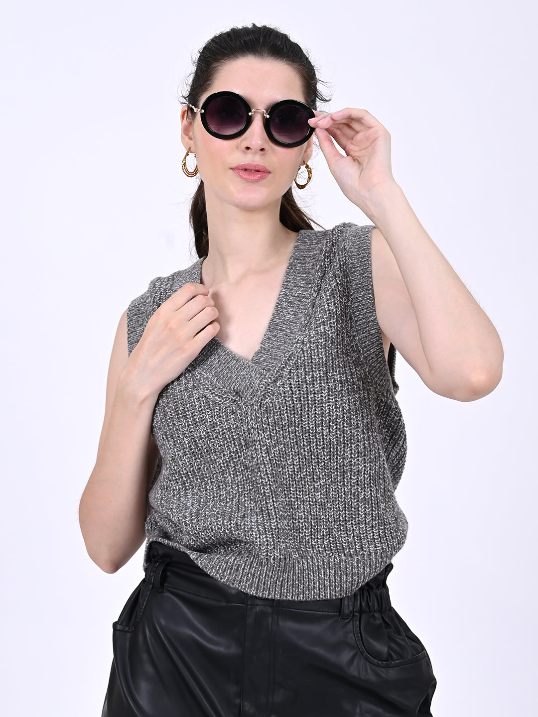 Women Grey Cable Knit Vest