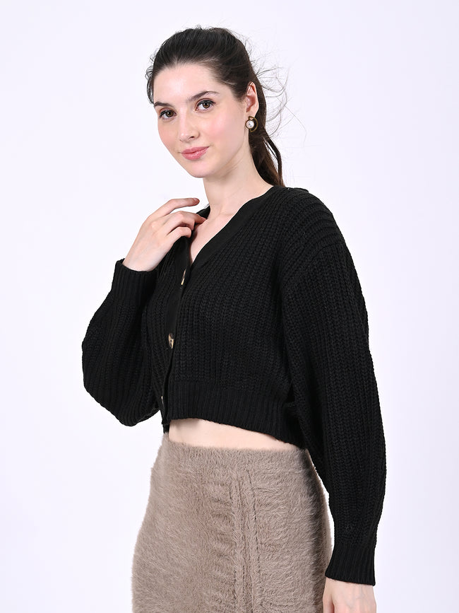 Women Black Crop Cardigan