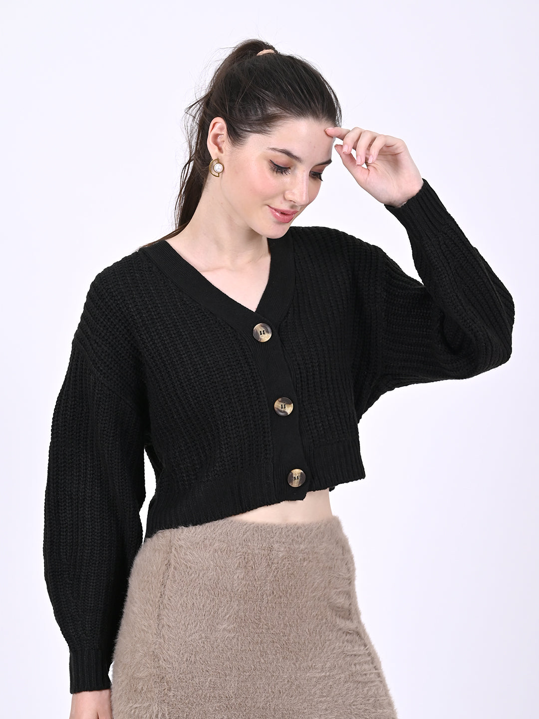 Women Black Crop Cardigan