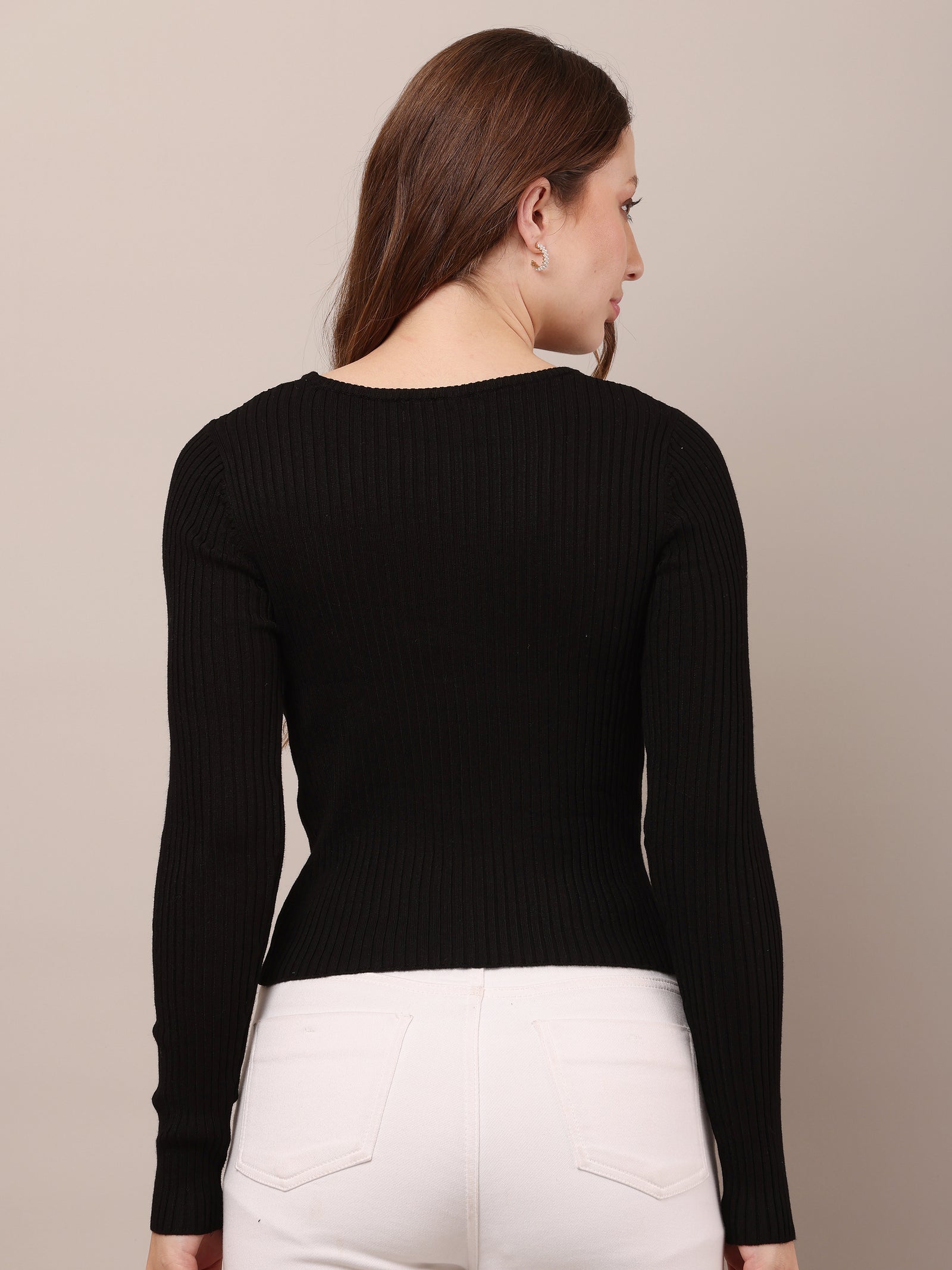 Women Viscose Fitted Ribbed Black Top