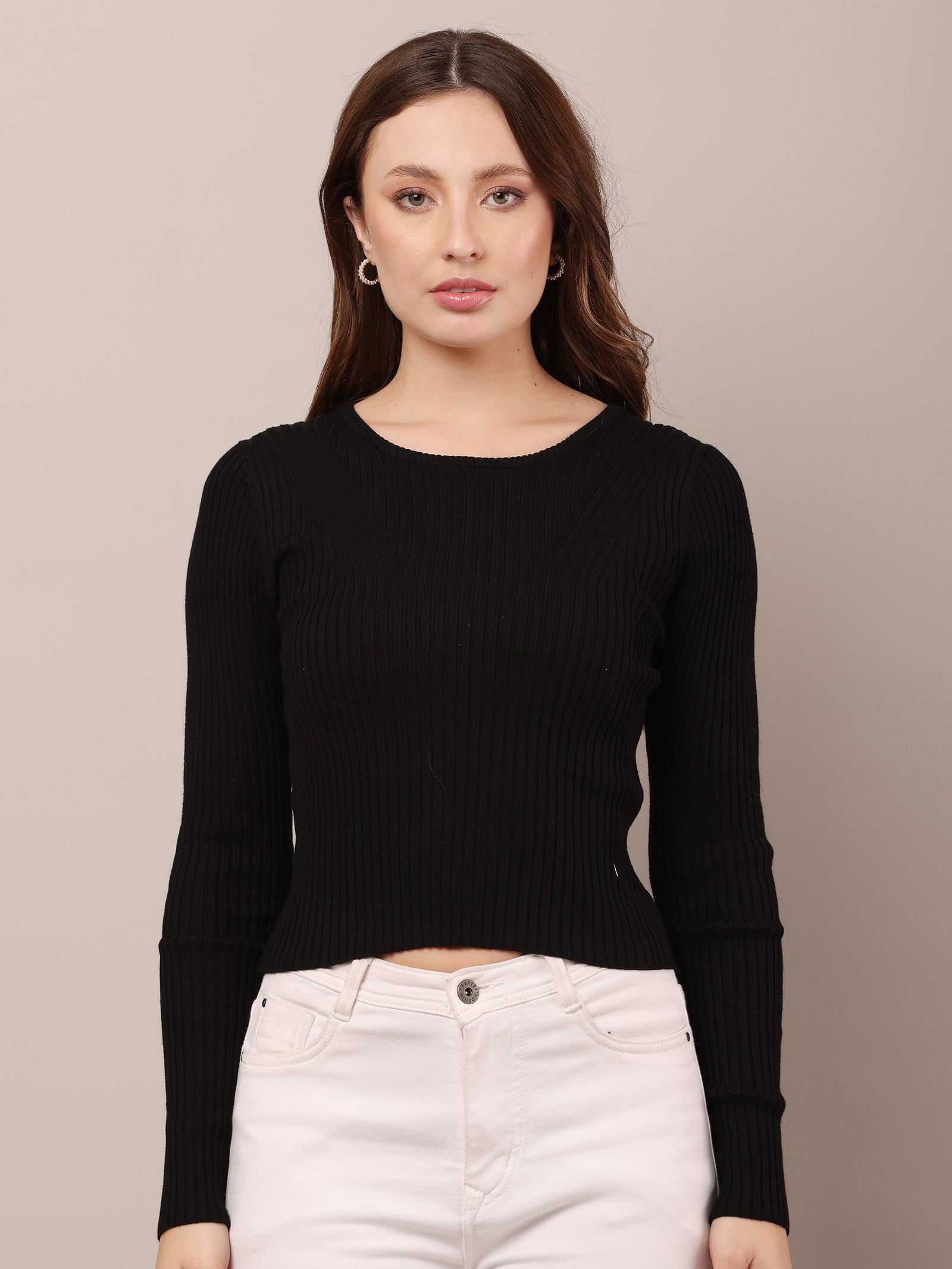 Women Viscose Fitted Ribbed Black Top