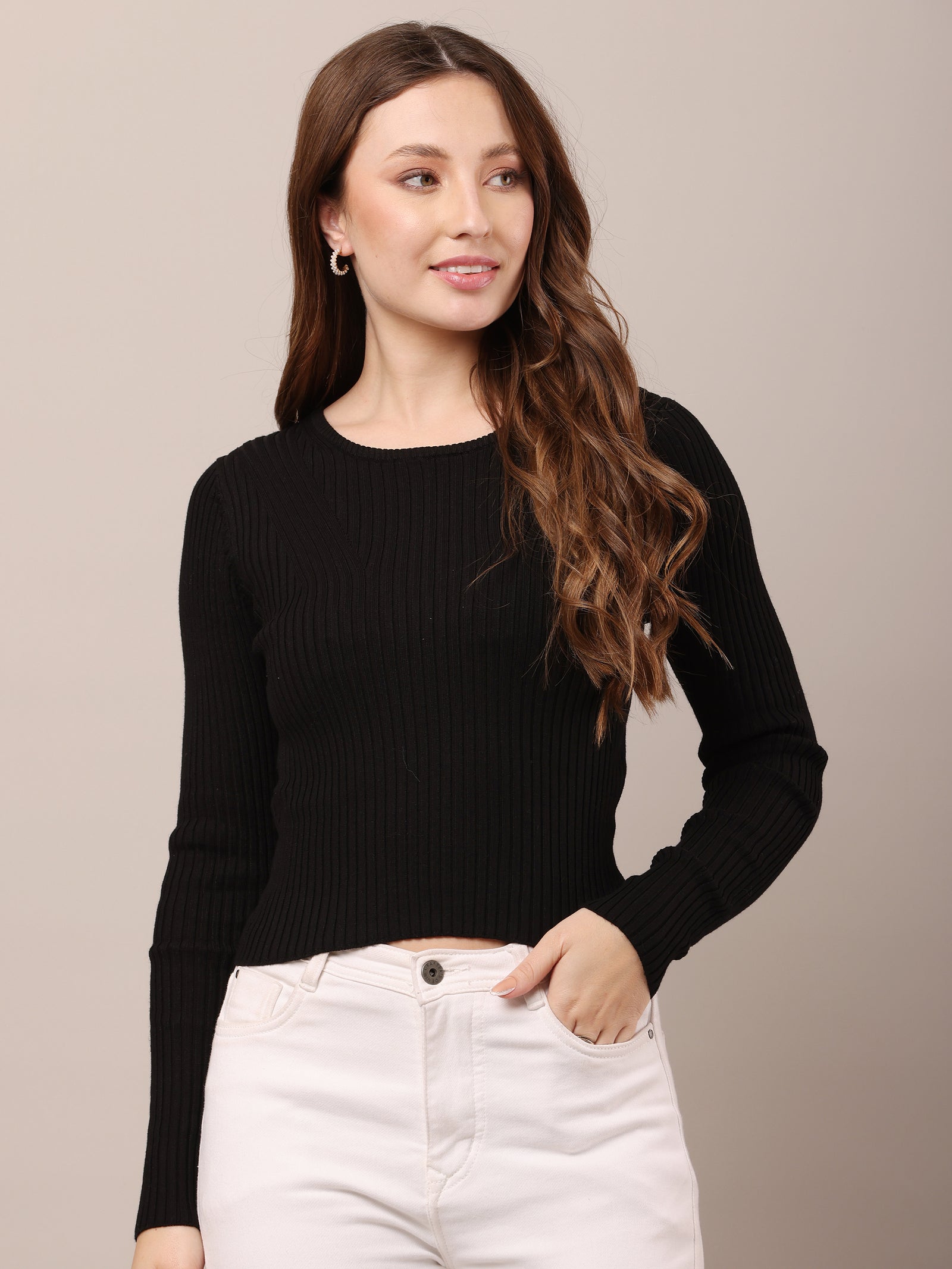 Women Viscose Fitted Ribbed Black Top