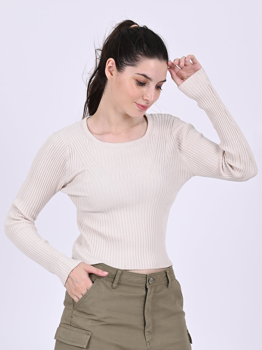 Women Cream Ribbed Top