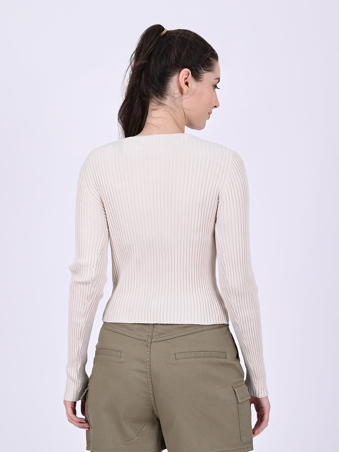 Women Cream Ribbed Top