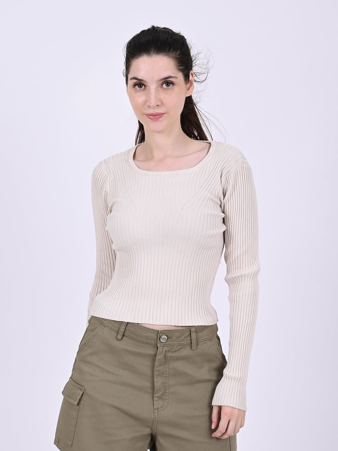 Women Cream Ribbed Top