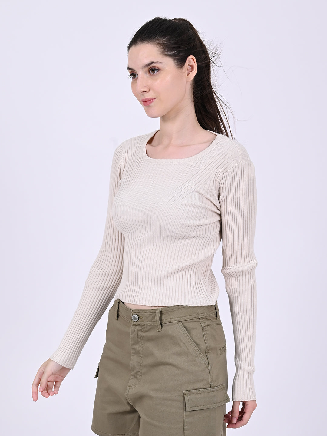 Women Cream Ribbed Top