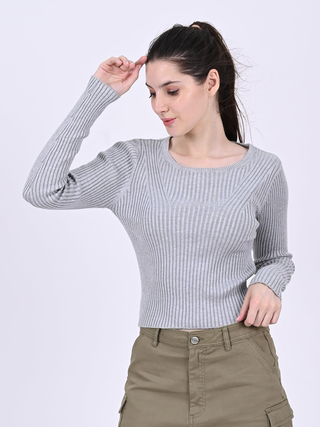 Women Grey Ribbed Top