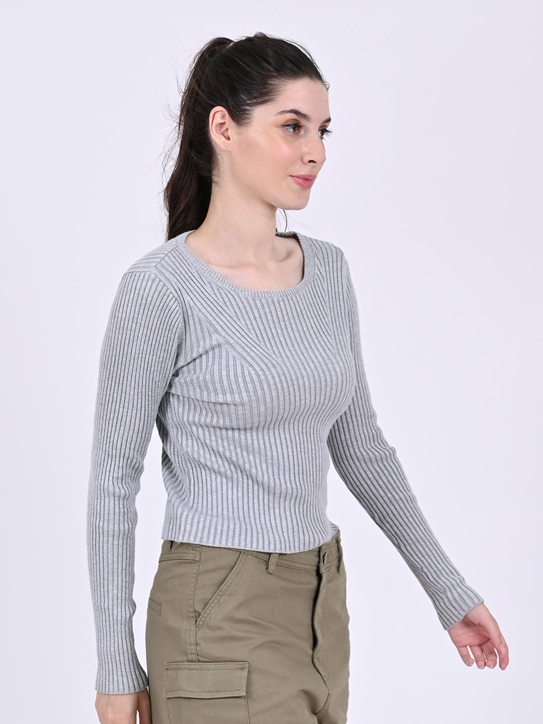 Women Grey Ribbed Top