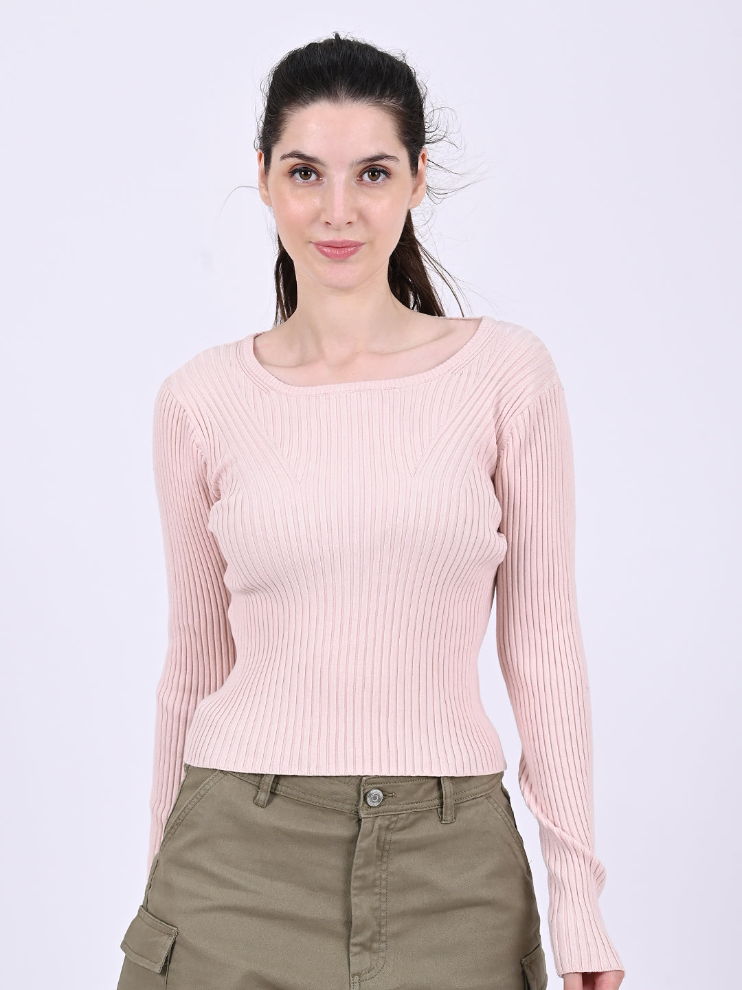 Women Pink Ribbed Top