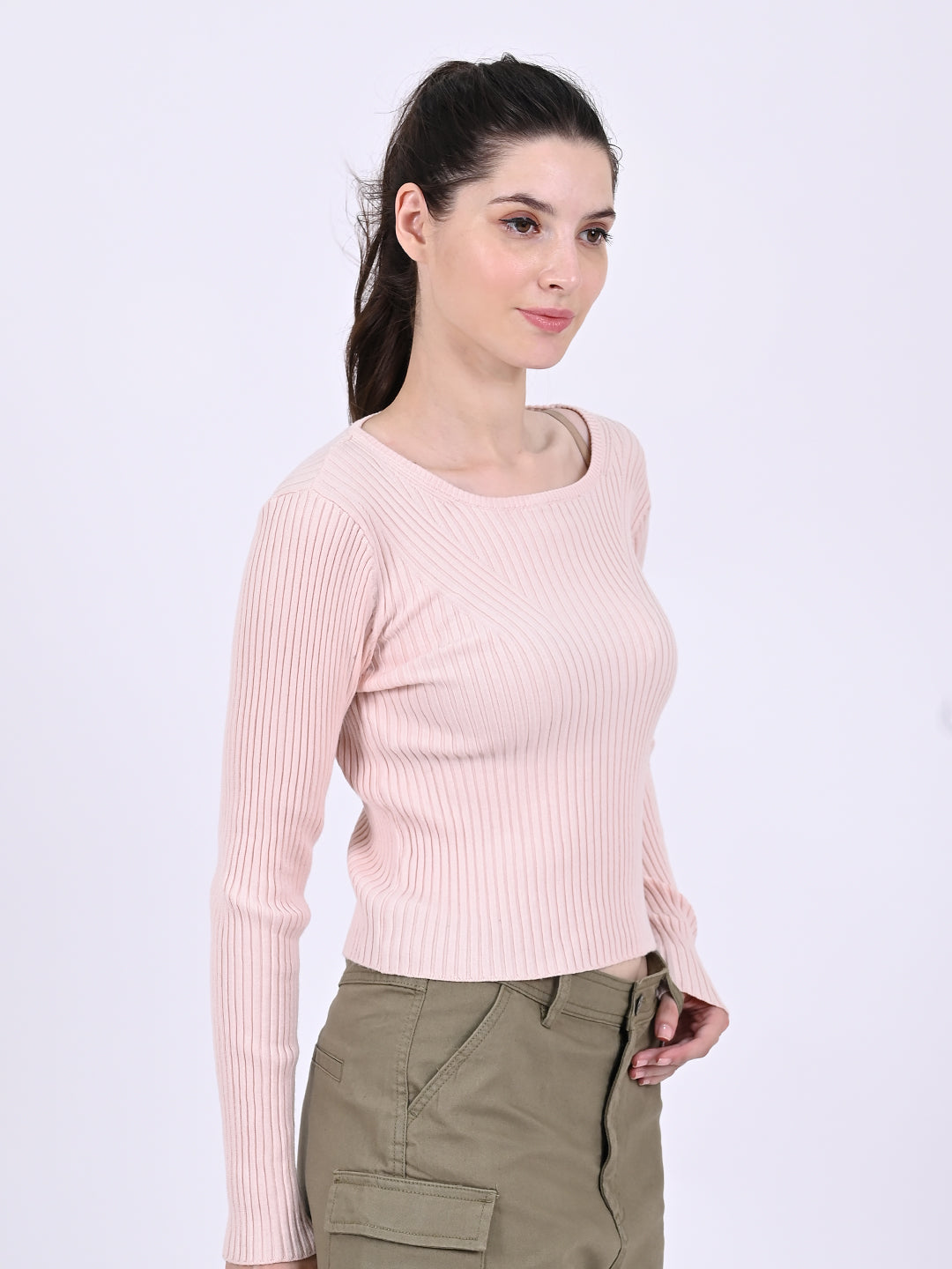 Women Pink Ribbed Top