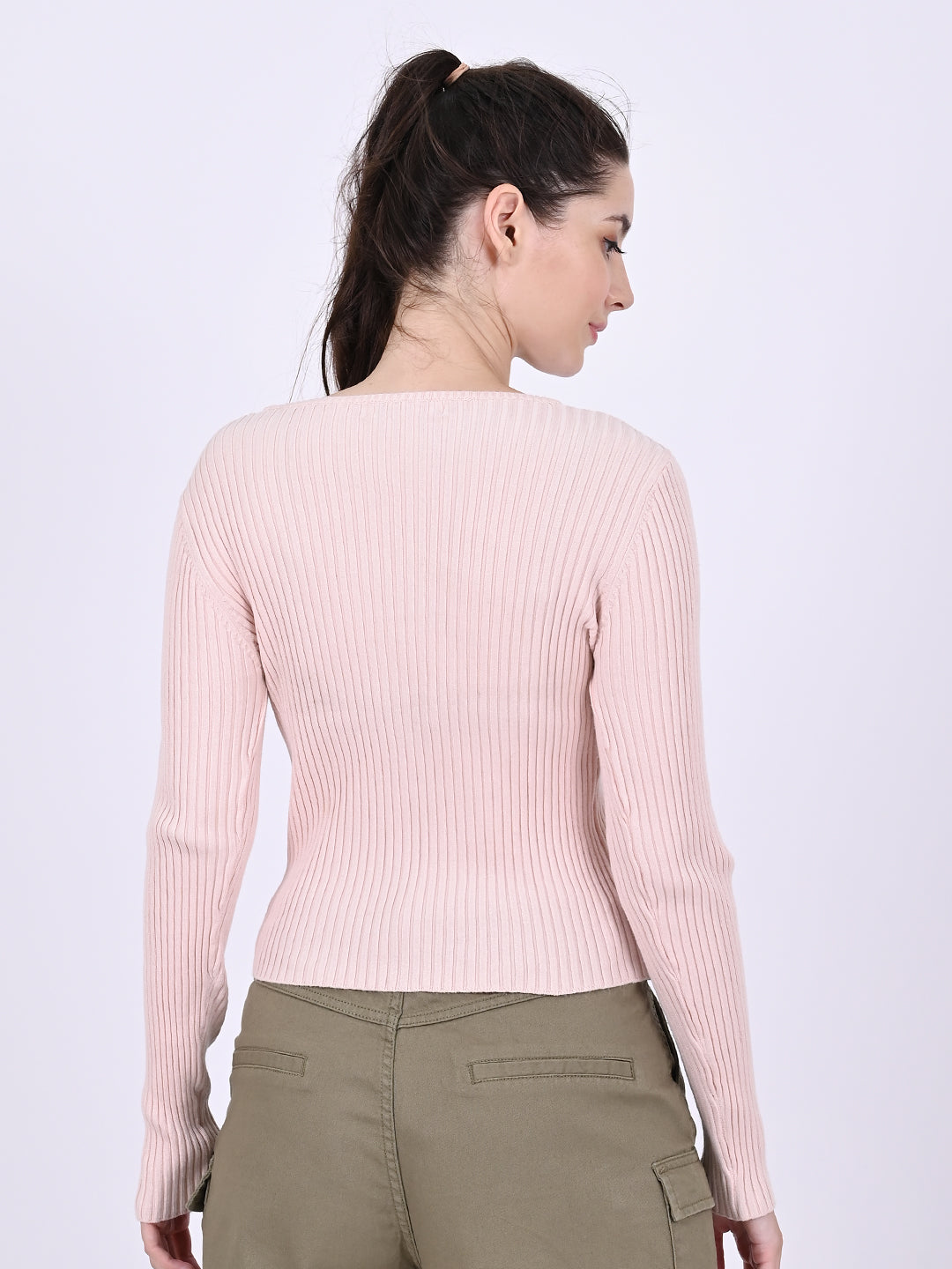 Women Pink Ribbed Top