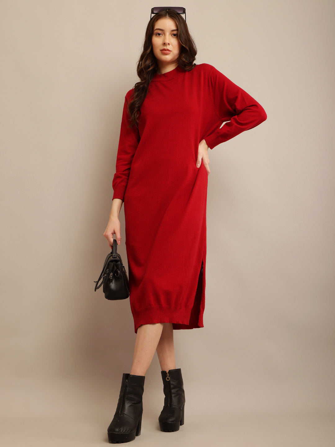 Women Red High Neck Dress