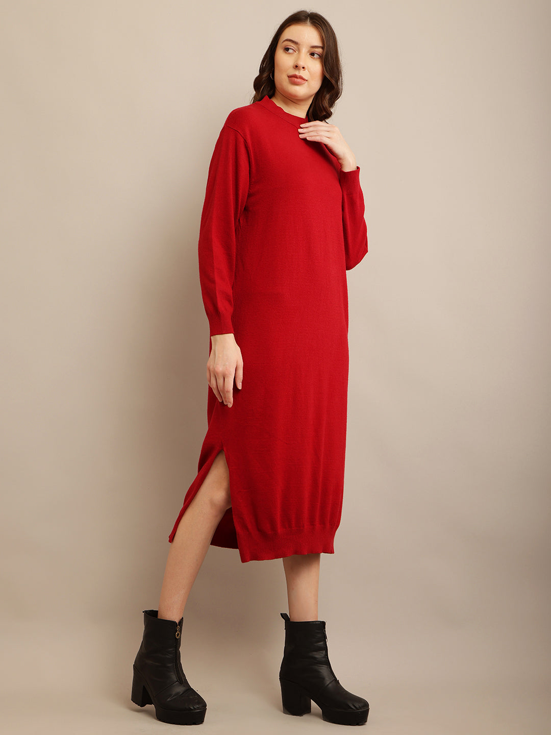 Women Red High Neck Dress