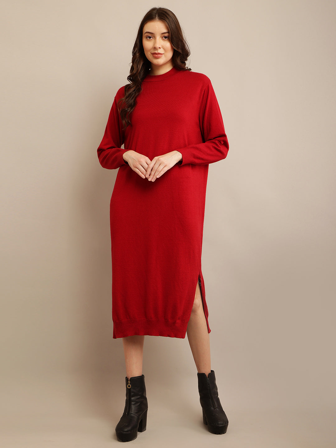 Women Red High Neck Dress