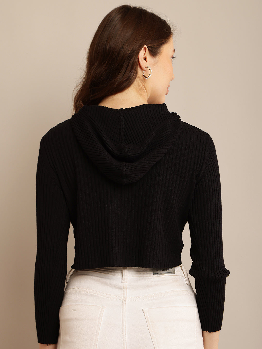 Women Ribbed Cropped Hoodie