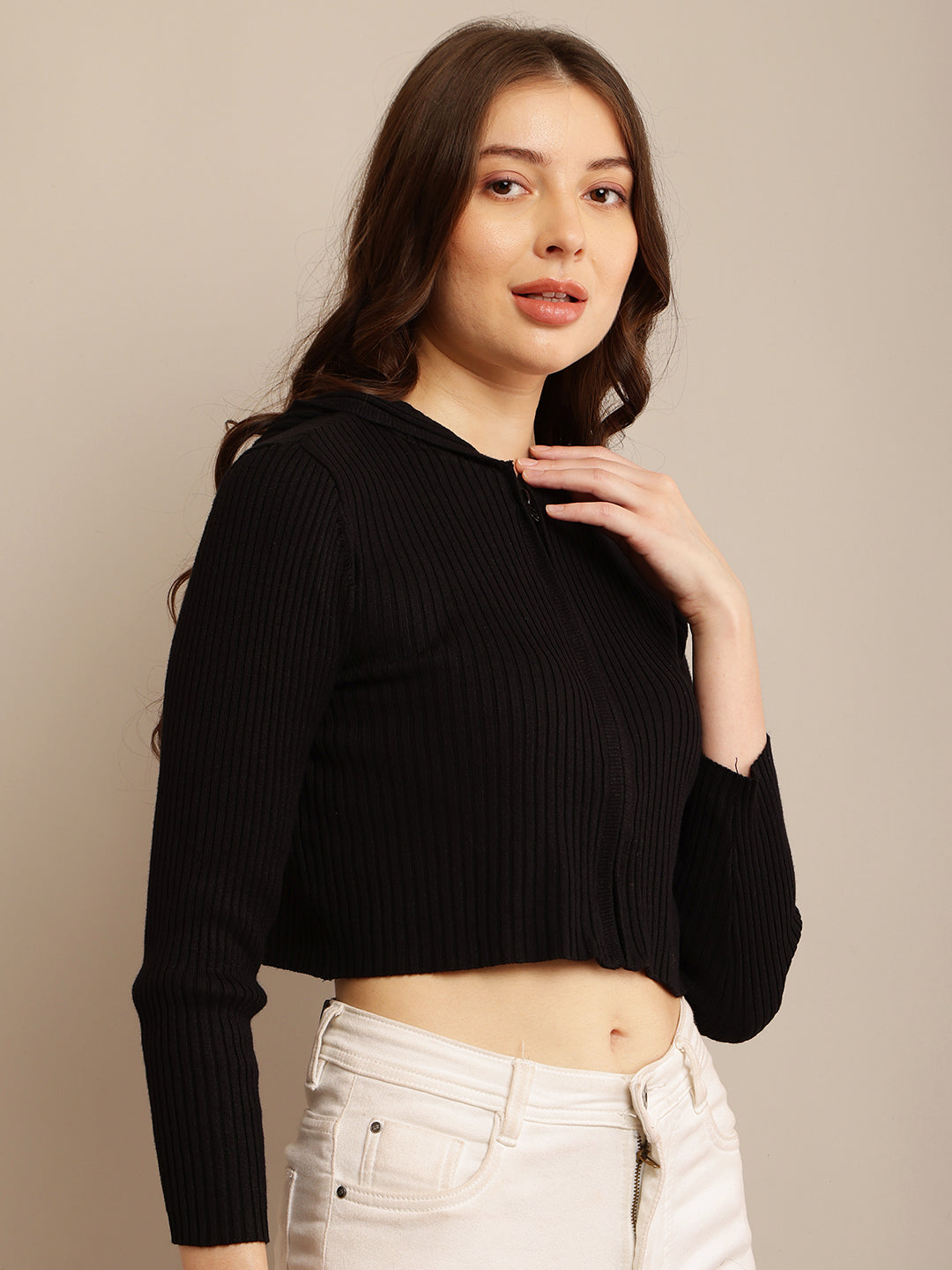 Women Ribbed Cropped Hoodie