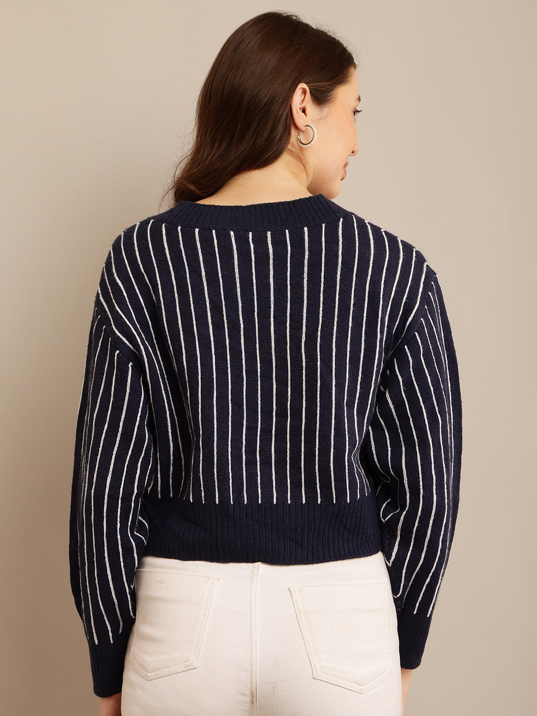 Women Dark Blue Striped Cardigan