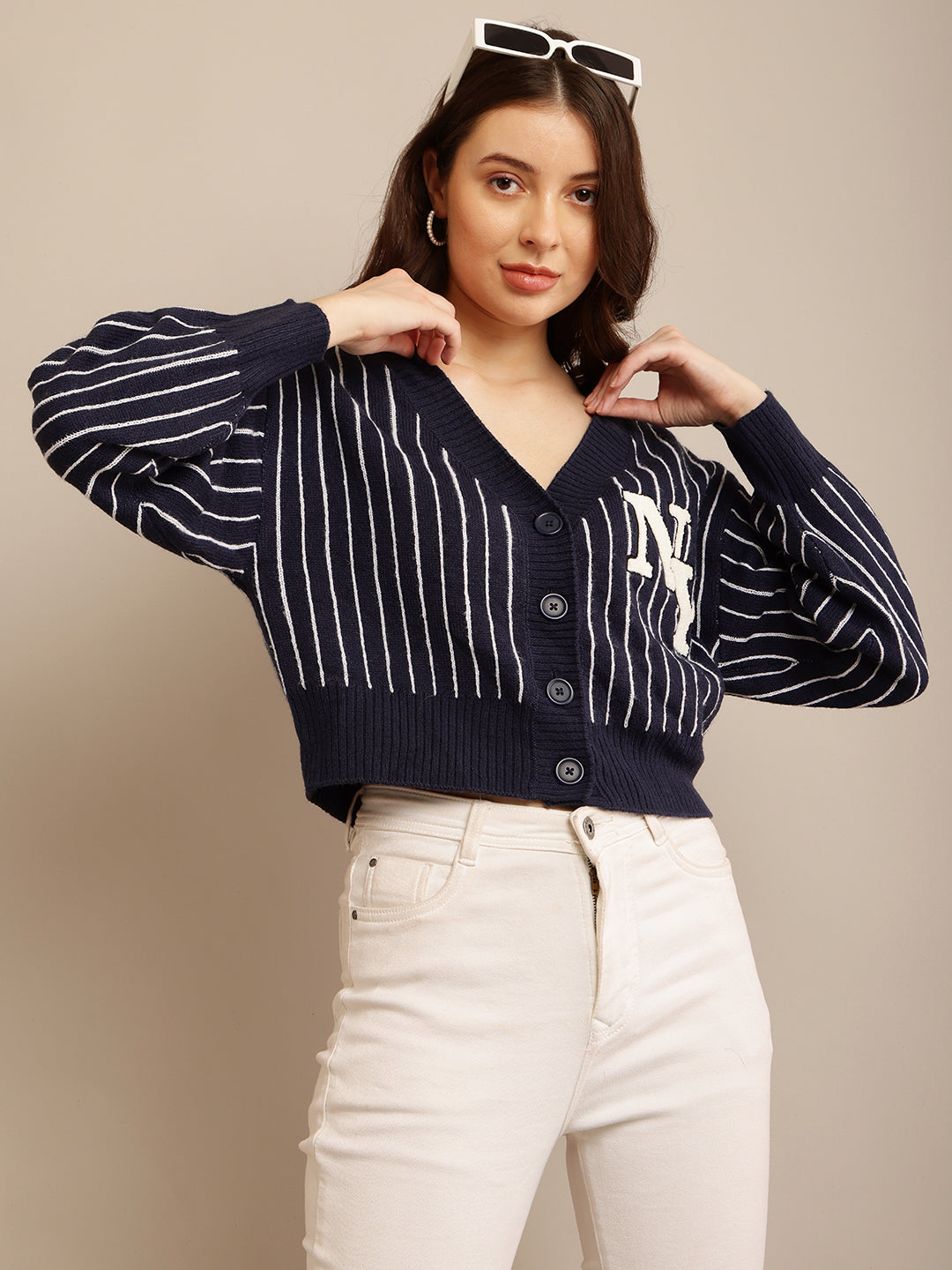 Women Dark Blue Striped Cardigan