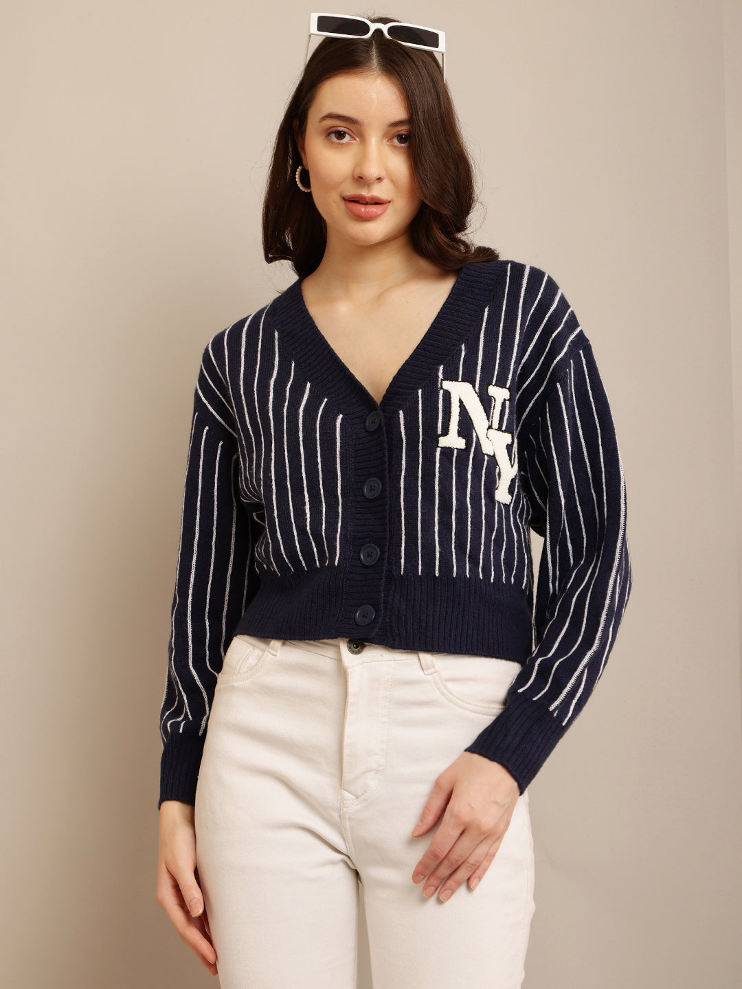 Women Dark Blue Striped Cardigan