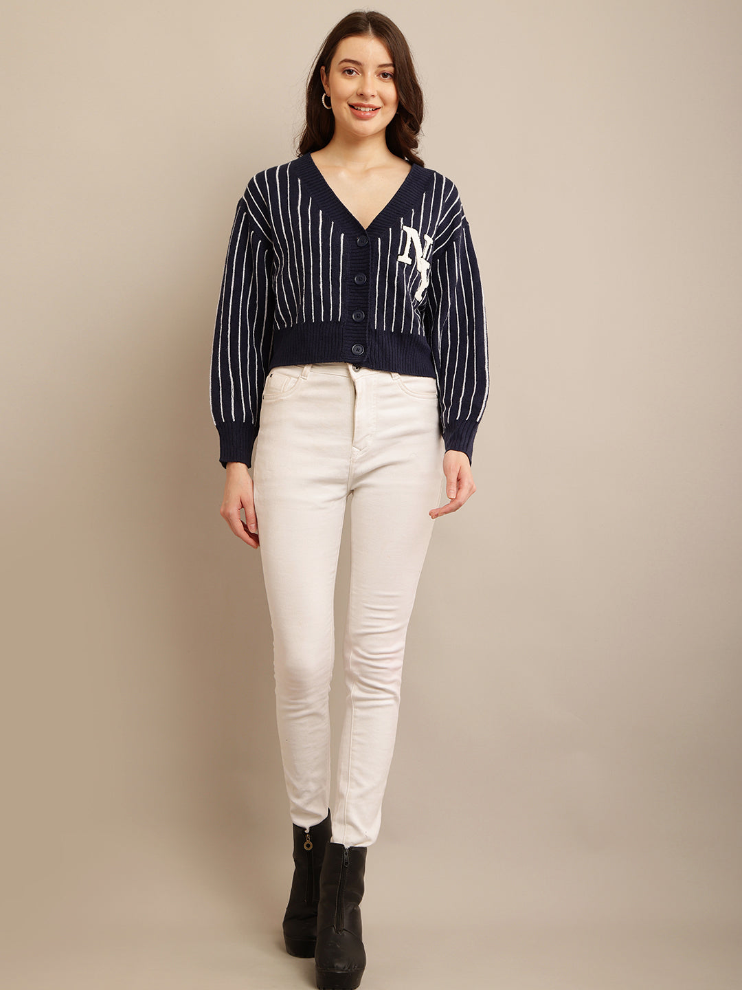 Women Dark Blue Striped Cardigan