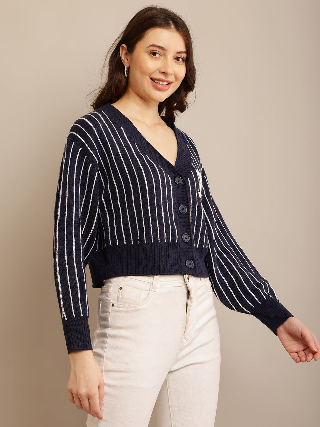 Women Dark Blue Striped Cardigan