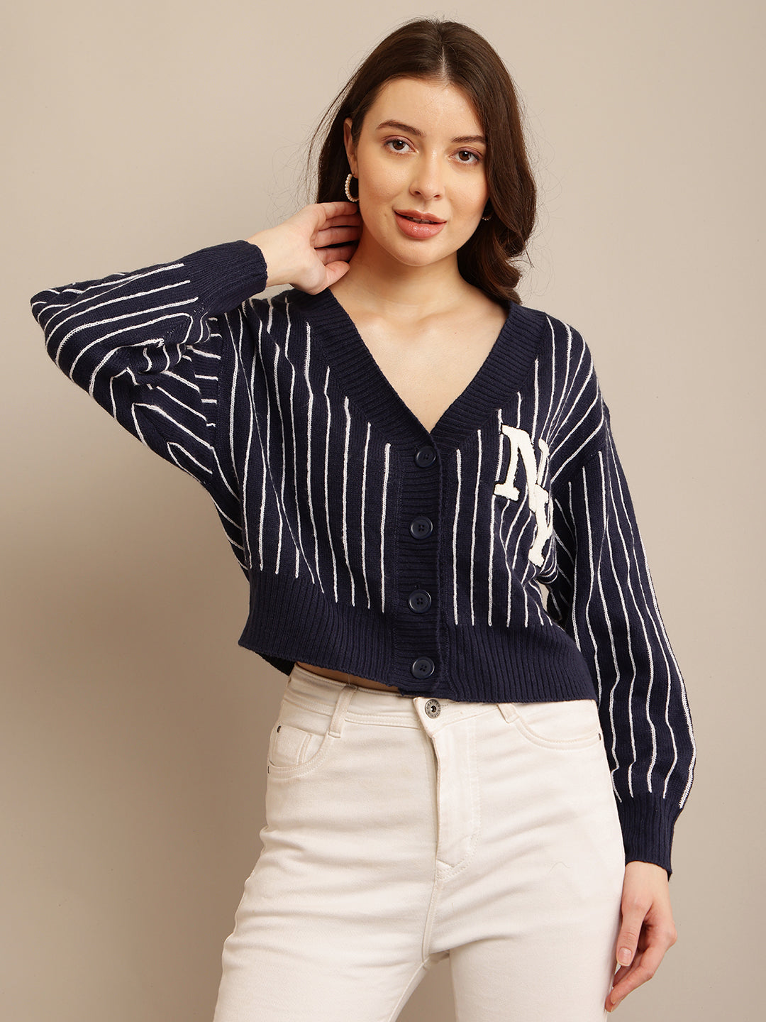 Women Dark Blue Striped Cardigan