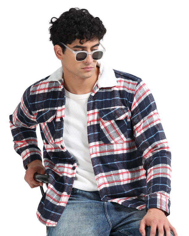 Men Checkered Long Sleeve Fur Collared Casual Brushed OverShirt