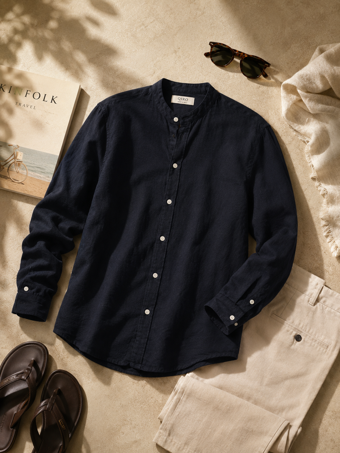 Men Black Linen Band Collar Shirt