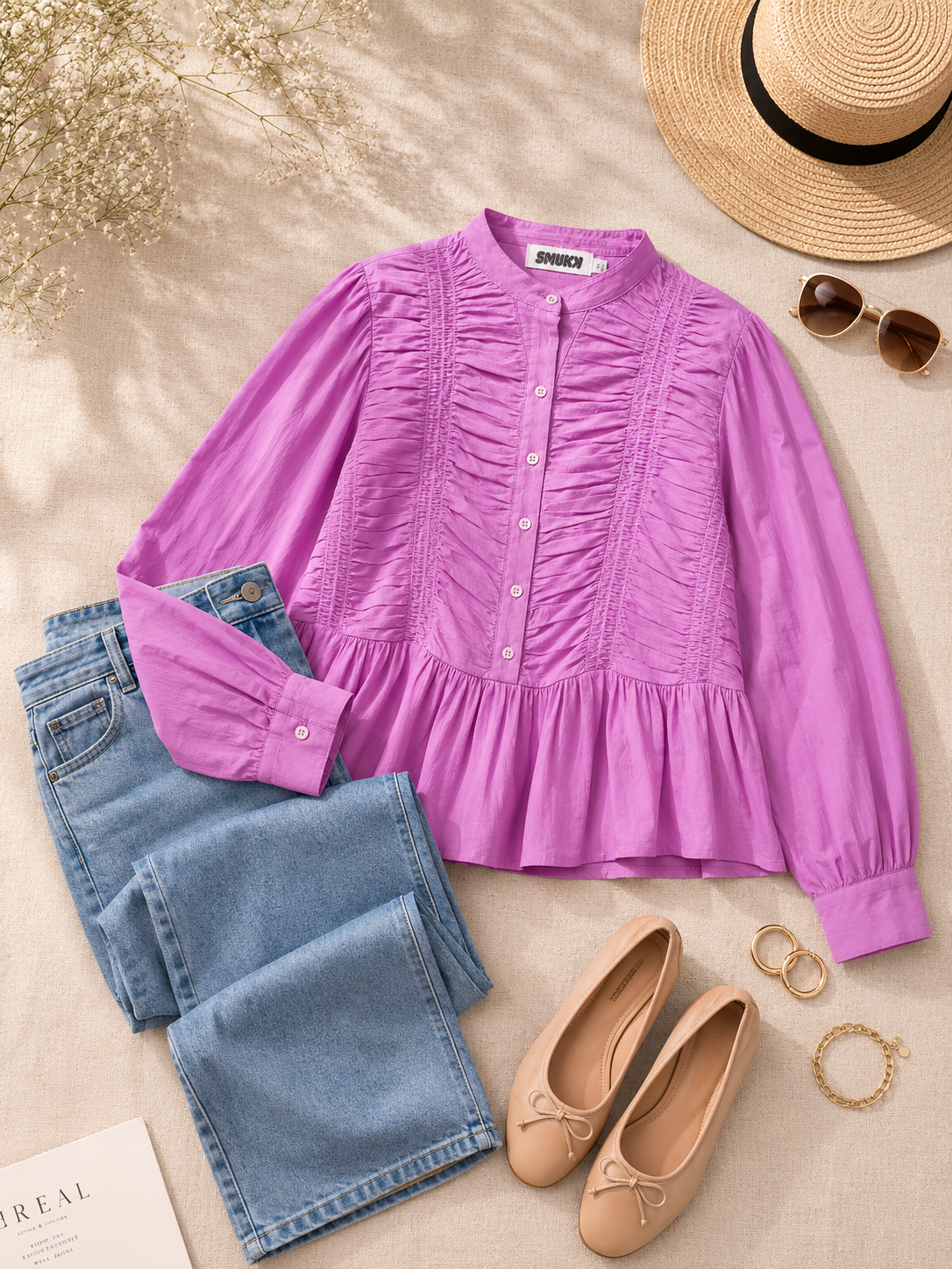 Women Pink Ruffle Front Peplum Top